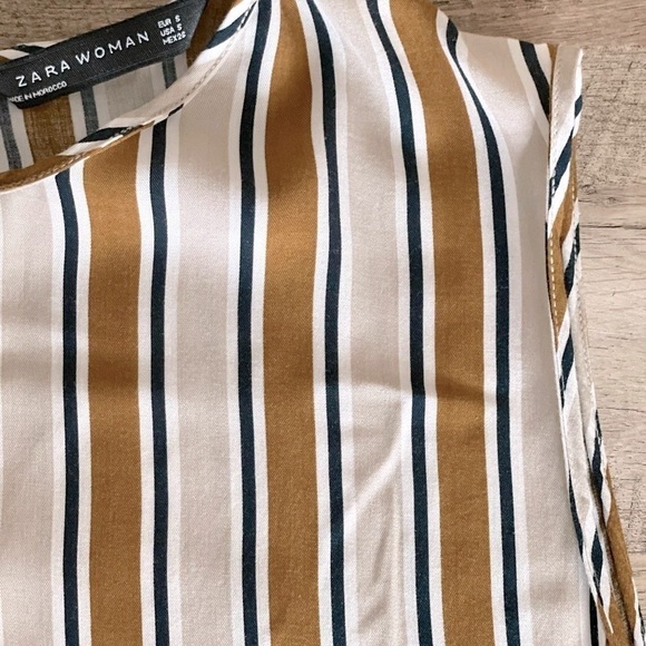 🌺 Zara Stripe Ruffle High Low Lightweight Tan Sleeveless Blouse Size S - Picture 4 of 11